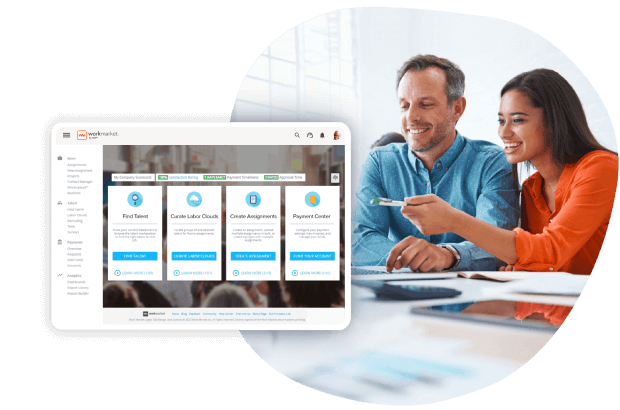 Tablet home dashboard view showing talent search, curate labor clouds, create assignments, and payment center 